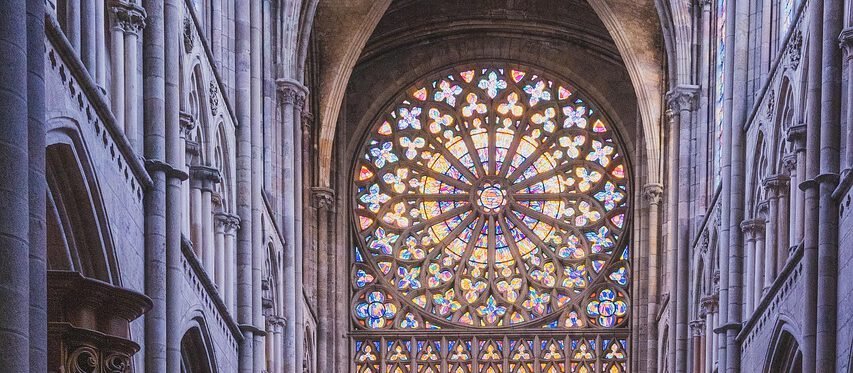 nave, altar, columns, rosette, rose window, church art, cathedral, architecture, faith, pray, religion, catholic