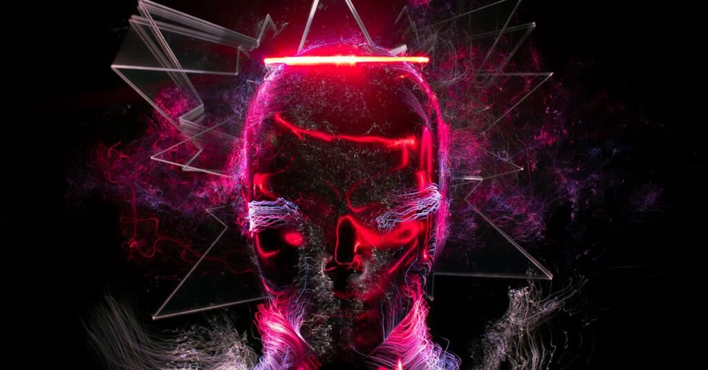 Digital artwork featuring a neon skull with vibrant abstract elements and light effects.
