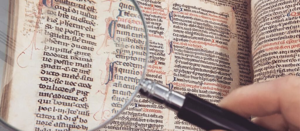 A hand holding a magnifying glass over an antique book page, revealing intricate text and design.