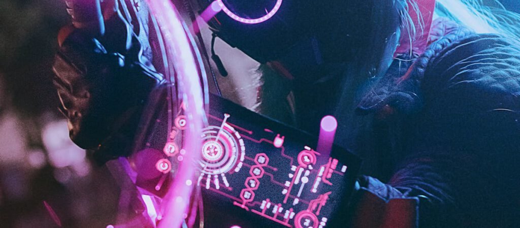 A cyberpunk warrior in futuristic armor glowing with holographic lights.