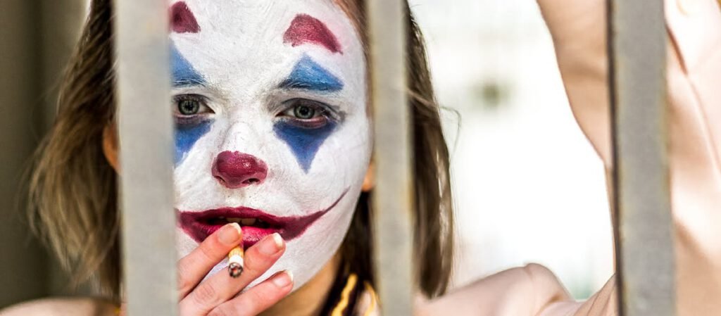Closeup of woman with Joker makeup behind bars, smoking, in Leipzig, Germany.